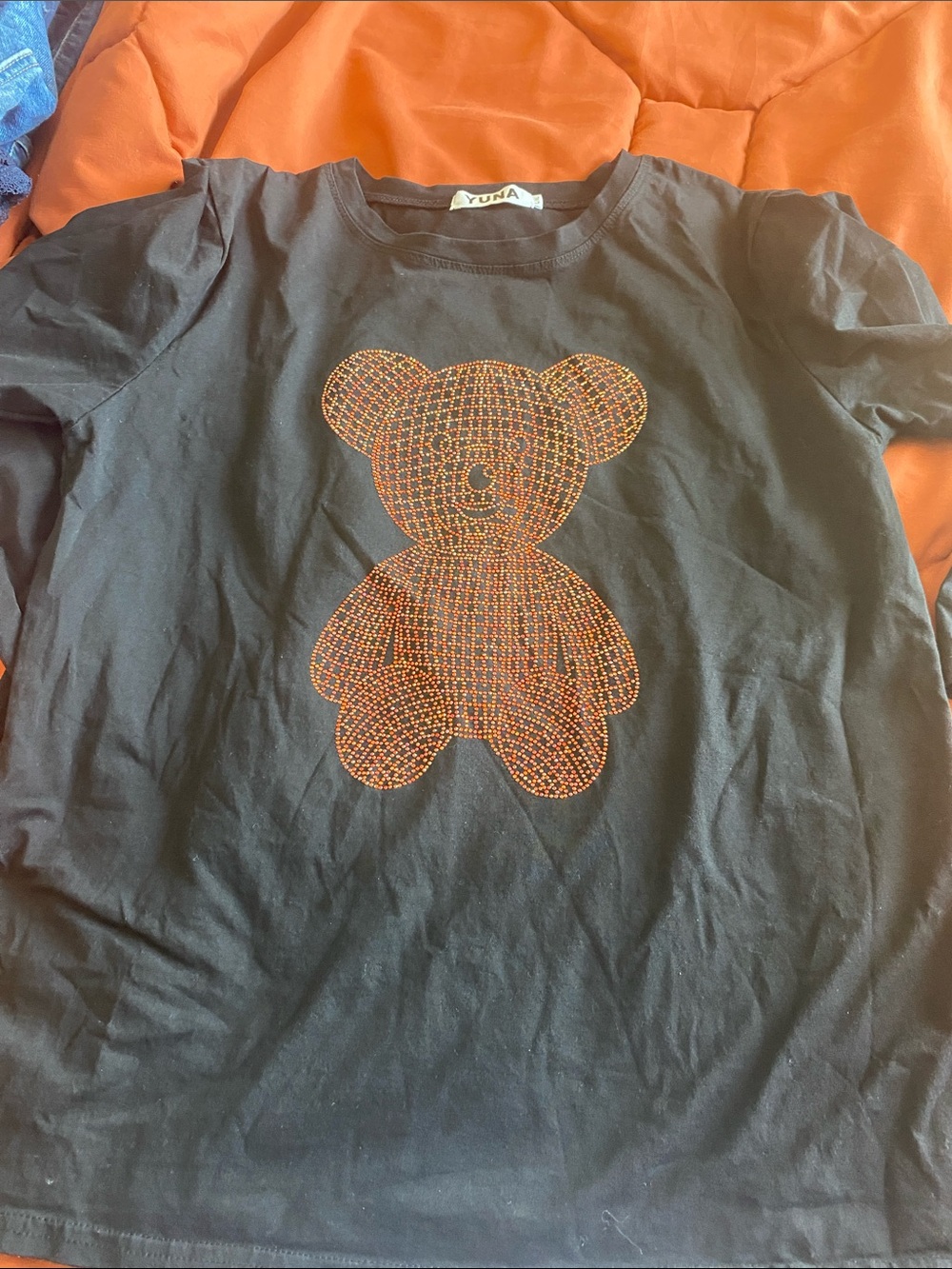 women  Black Tee with Orange Teddy Graphic